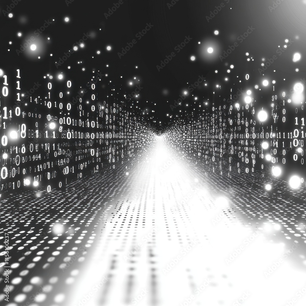 Poster a mesmerizing digital landscape filled with binary code and luminous dots, creating a sense of depth