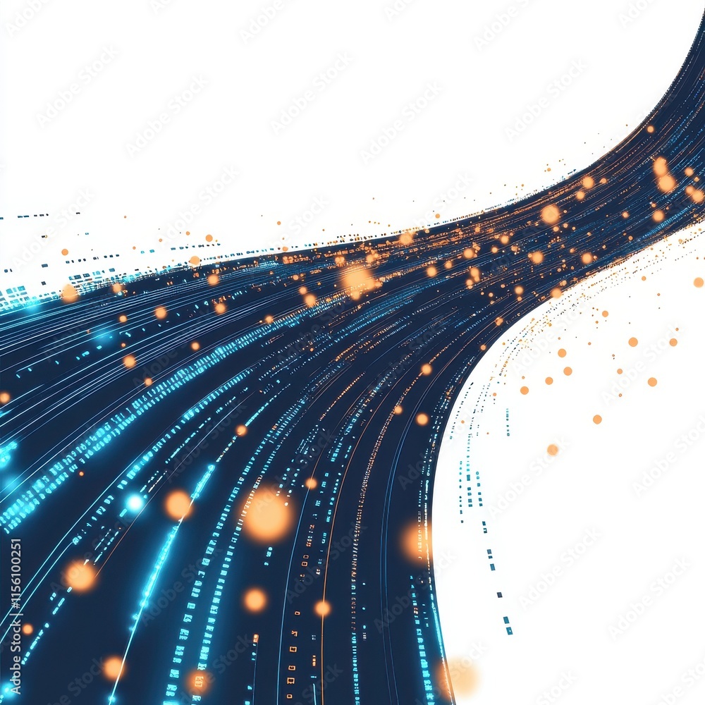 Poster dynamic abstract background with flowing blue lines and glowing orbs, conveying a sense of technolog