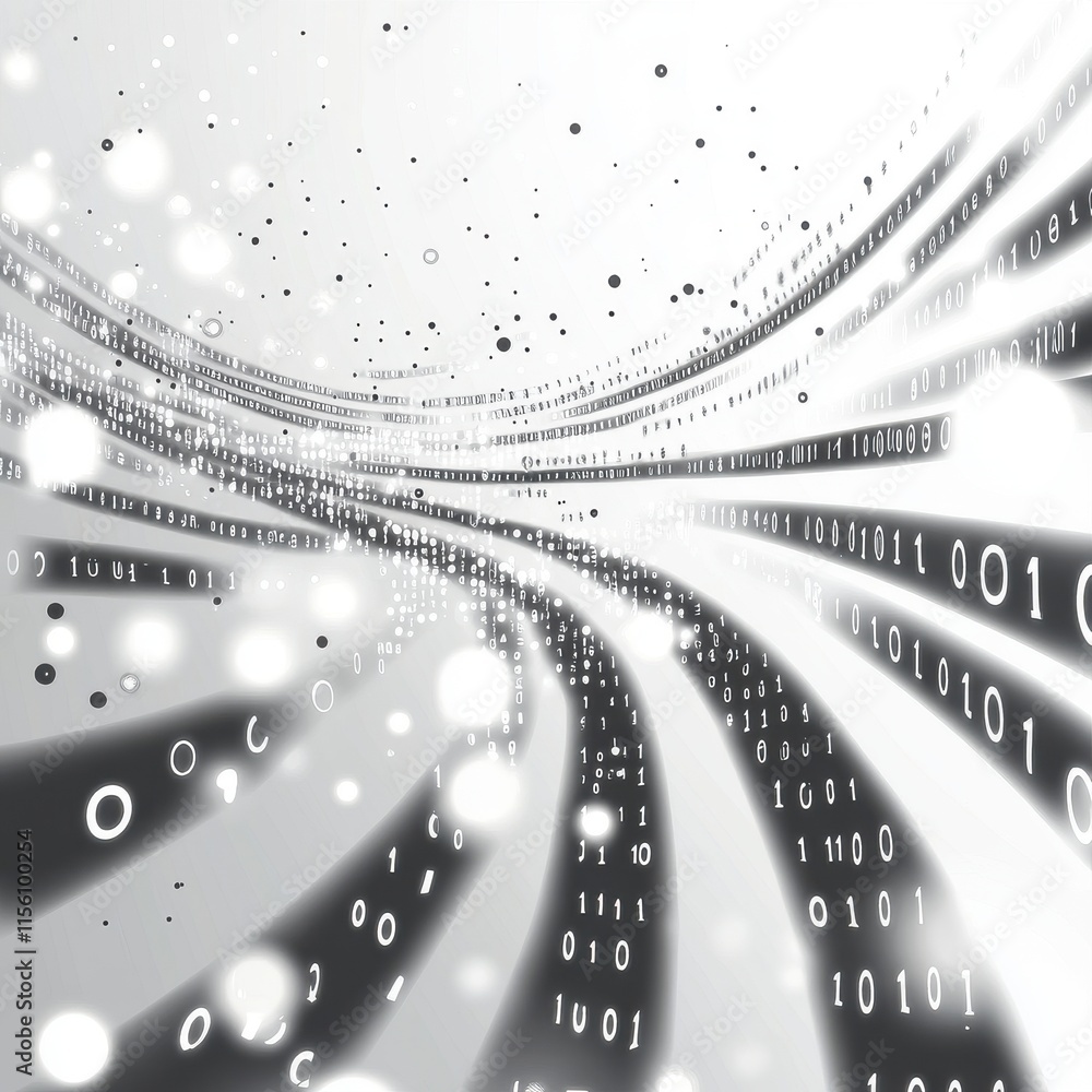 Poster abstract digital background with flowing binary code in shades of black and white, creating a sense 