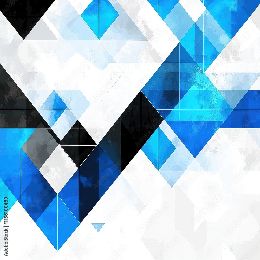 Poster abstract geometric pattern in shades of blue, black, and white, creating a dynamic visual effect.