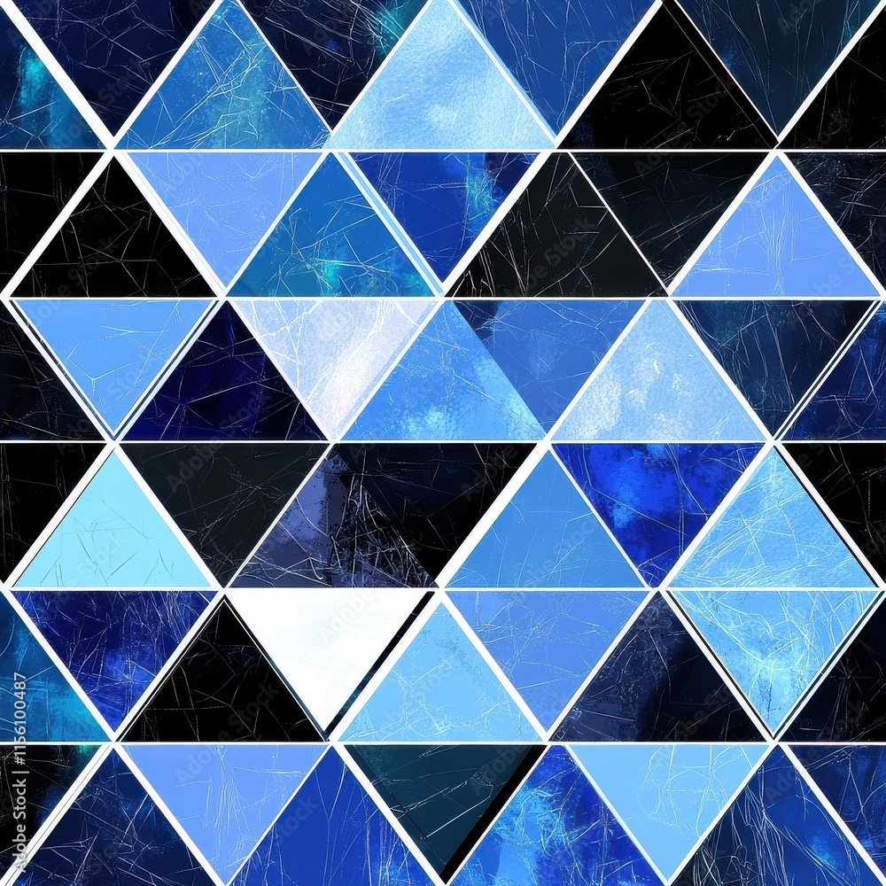 Poster a vibrant geometric pattern featuring blue and black triangles, creating a modern and abstract aesth