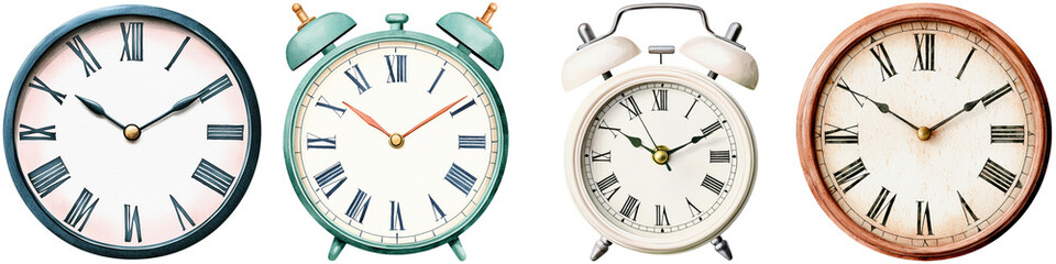 National Retro Day memories, A collection of four distinct clocks displaying various designs and styles, featuring traditional Roman numerals and diverse color schemes.