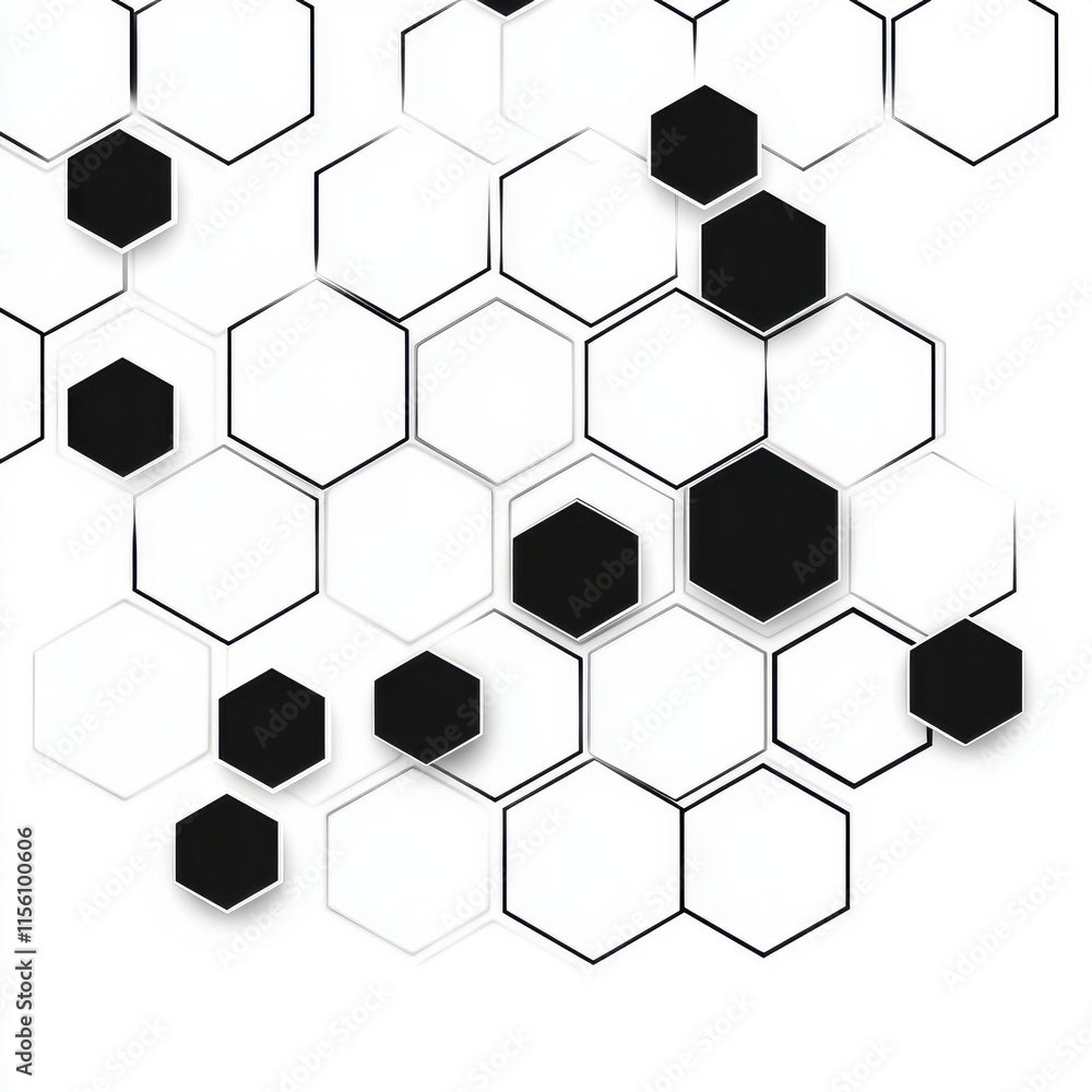 Poster an abstract design featuring black and white hexagons, creating a modern geometric pattern.