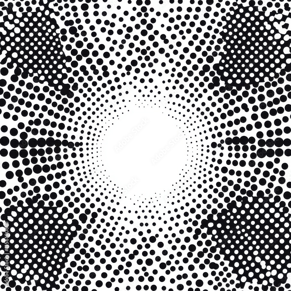 Poster abstract black and white pattern with dynamic dots radiating outward, creating a striking visual eff