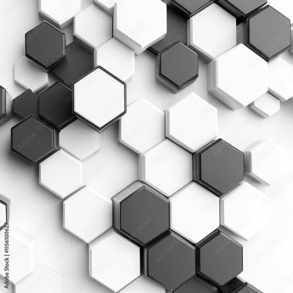 Poster a modern abstract pattern featuring interlocking black and white hexagons, creating a dynamic visual