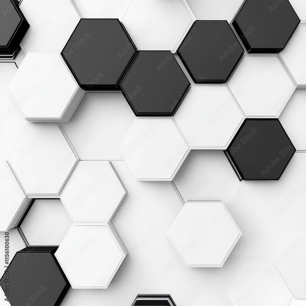 Poster stylish pattern of interlocking black and white hexagons creating a modern geometric design.