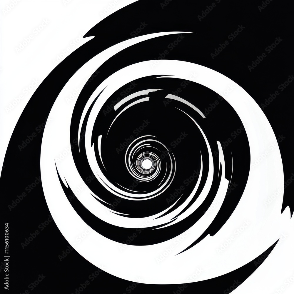 Poster a dynamic black and white spiral design, creating a sense of movement and depth.