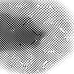 Abstract black shape surrounded by dotted textures, creating a dynamic visual effect.