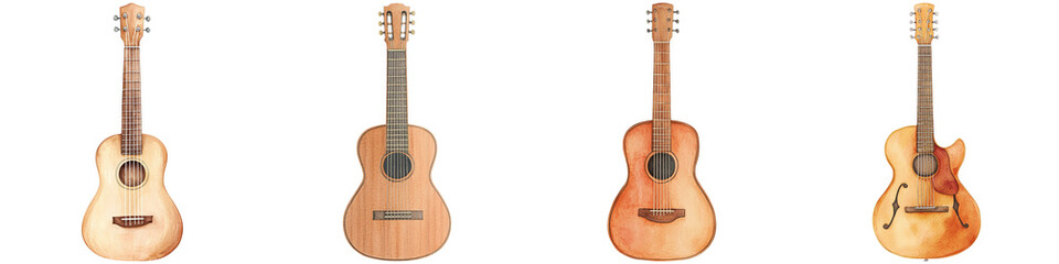 Obraz premium National Retro Day memories, Four acoustic guitars of varying styles and finishes, showcasing their unique shapes and wood textures.