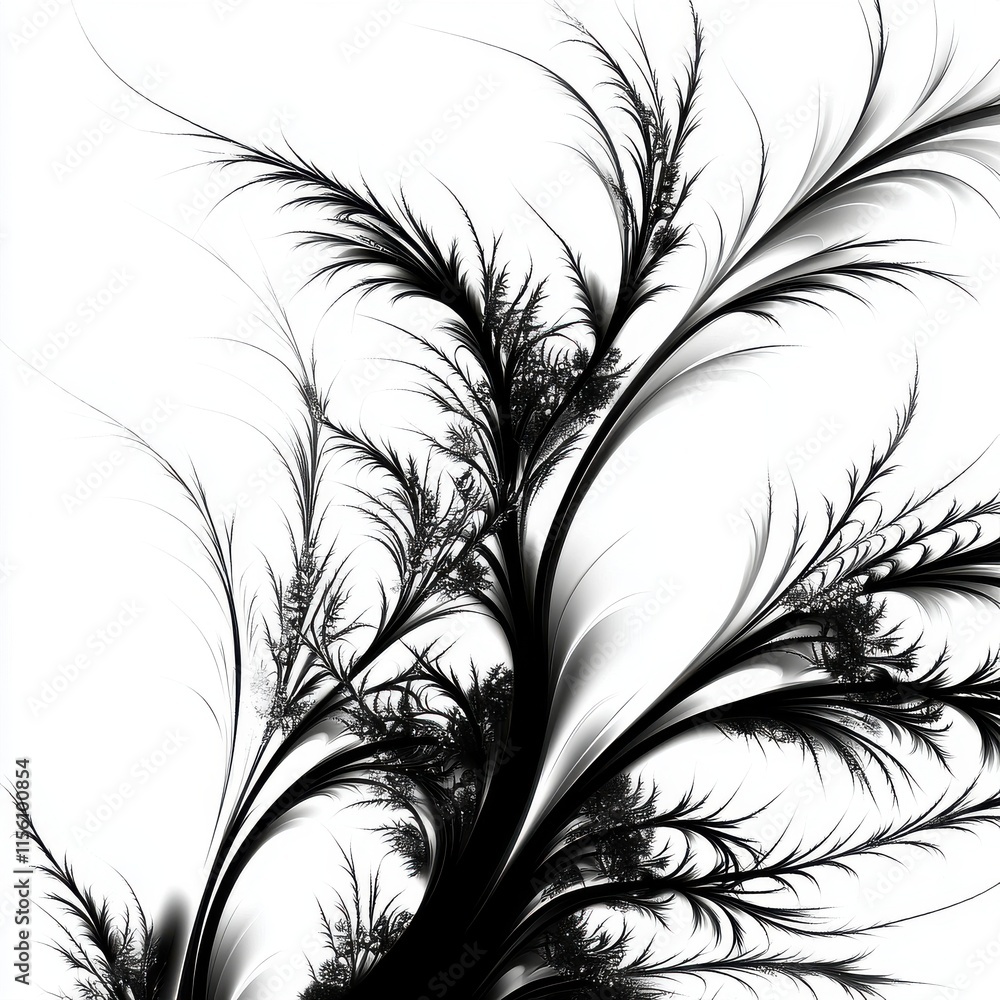 Poster a stunning black and white fractal design featuring intricate, feathery patterns creating a sense of