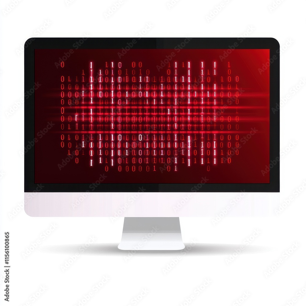 Poster a modern computer screen displays a heart shape created from binary code in vibrant red tones.
