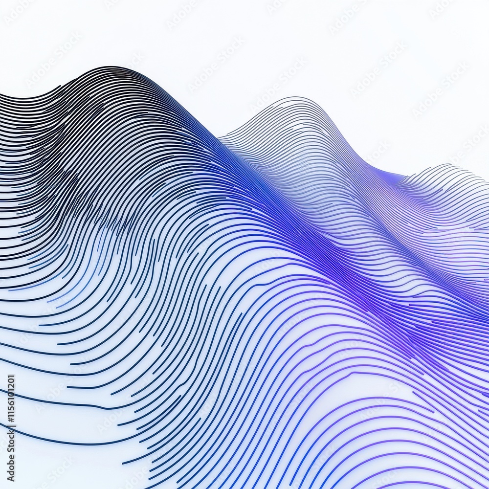 Poster abstract waves with blue and purple lines create a dynamic visual on a light background.