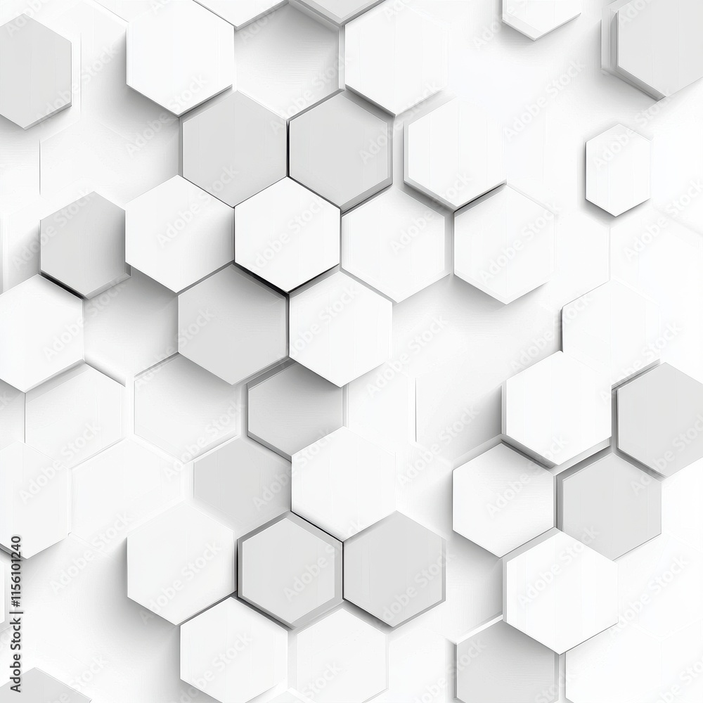 Poster abstract hexagonal pattern in varying shades of white and gray, creating a modern and sleek look.