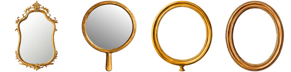 Obraz premium National Retro Day memories, A collection of ornate mirrors featuring various shapes and designs with gold frames.
