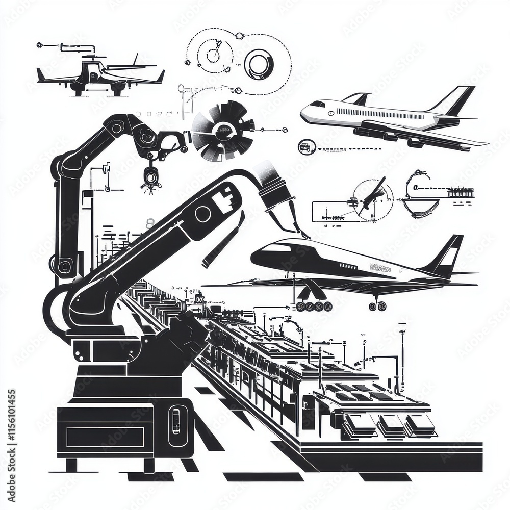 Poster industrial robot arm in a factory setting with aircraft and engineering diagrams illustrated in a mo