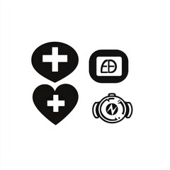 Obraz premium Health and medical icons in black on a white background, emphasizing care and emergency services.