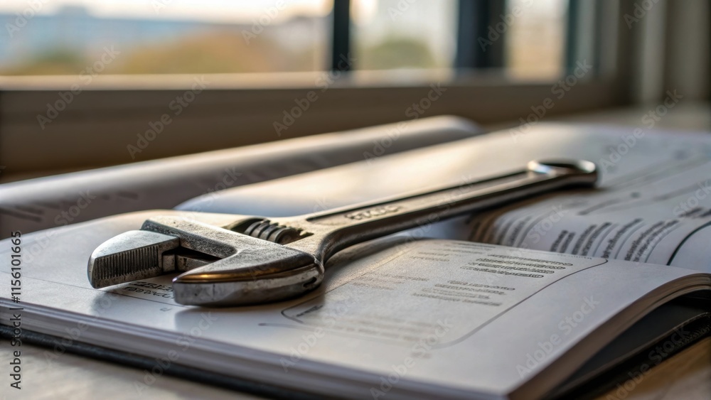 Poster Zoomedin view of a hex key and an adjustable wrench resting atop a folded instruction manual the metallic surfaces reflecting soft light from the nearby window.