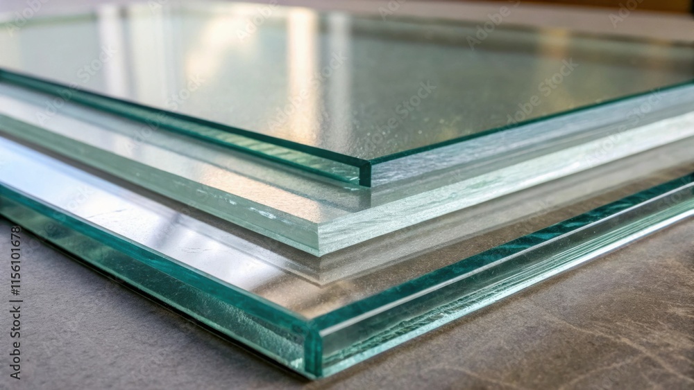 Poster Zoom in on a couple of glass panels resting against each other capturing the subtle variations in the thickness of the glass and the way light bends around them.