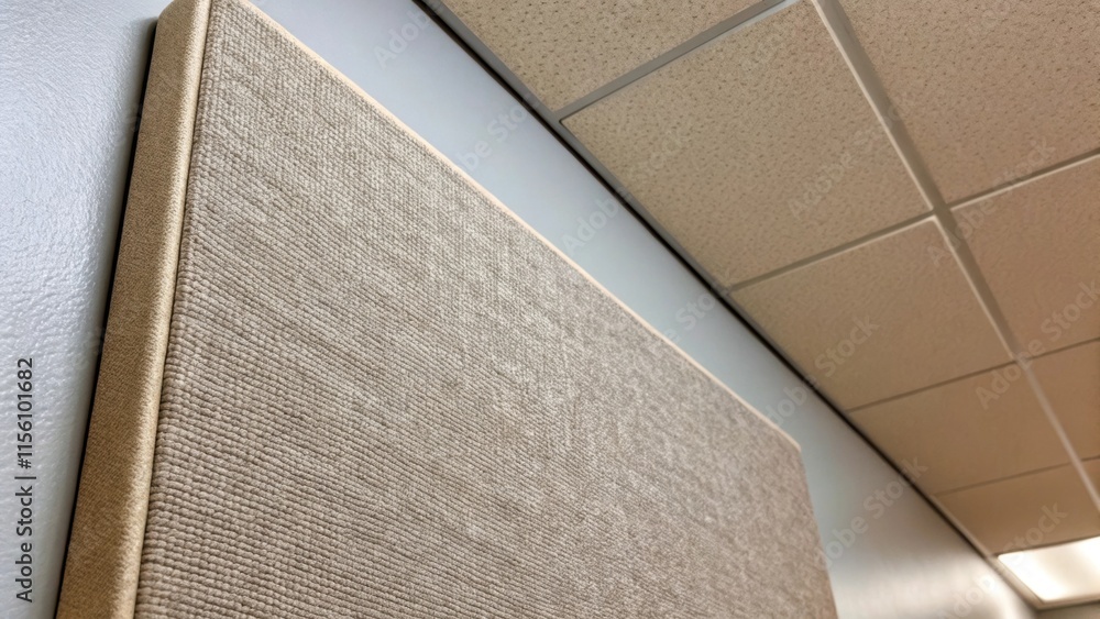 Aufkleber Zoomed in on a single acoustic panel showcasing its textured fabric surface next to a patch of the ceiling revealing the transitions of color and material.