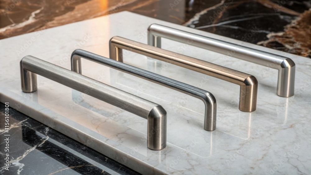 Poster three sleek stainless steel recessed handles are positioned in a precise line on a polished marble s