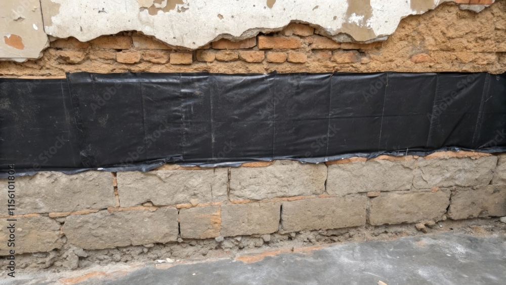 Leinwandbilder this image focuses on a segment of the exposed wall where a thick layer of black waterproofing creat
