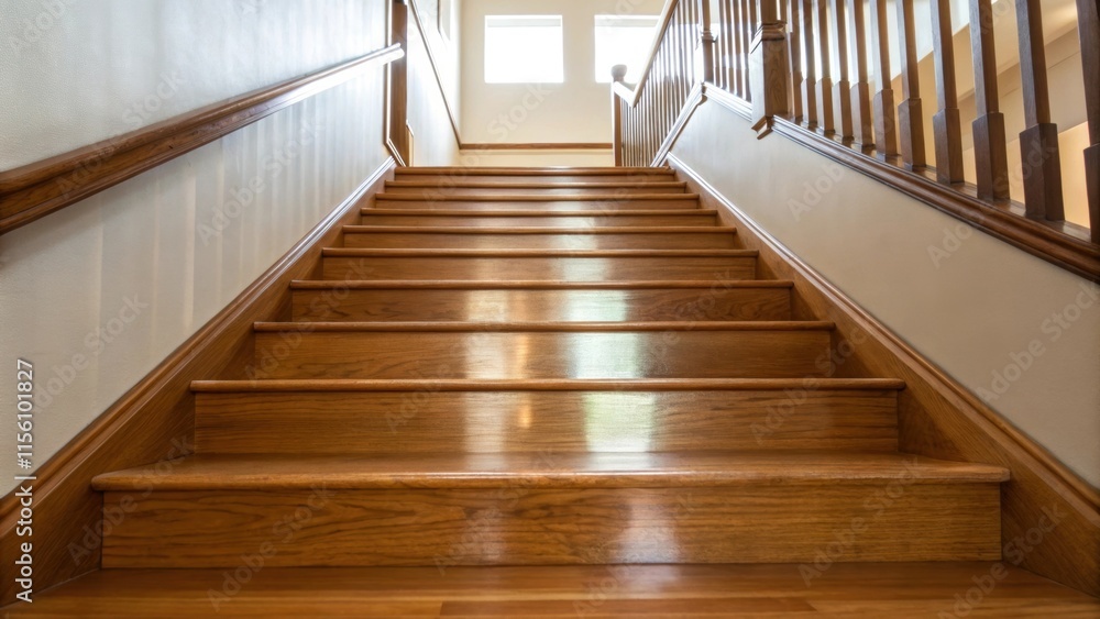 Poster The wood surface of a single open tread catches glimmers of light emphasizing its beautiful texture and color while the absence of railings allows for an unobstructed view of the