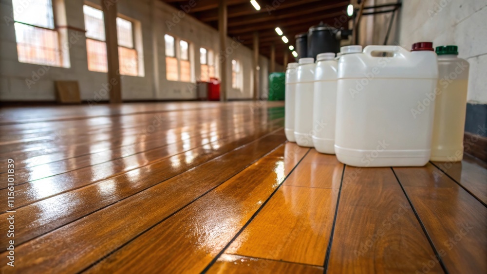 Poster the warm tones of the wooden floor contrast with the clean utilitarian look of the varnish container