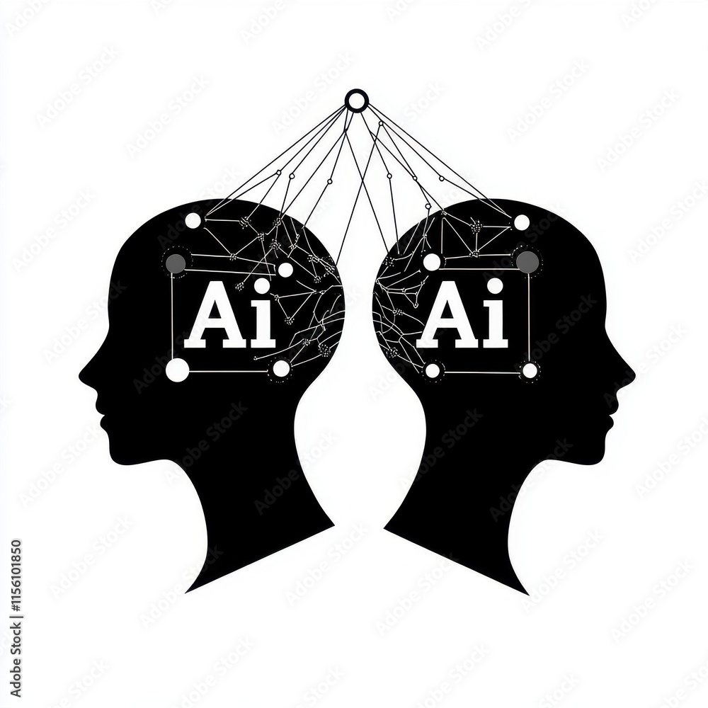 Poster silhouettes of two heads representing artificial intelligence, interconnected with neural networks.