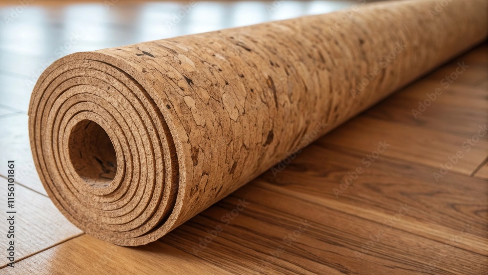 Aufkleber The warm earthy tones of the cork flooring roll are captured in intricate detail showcasing its unique patterns and grain with soft diffused lighting accentuating its texture.