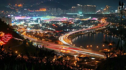 Modern City with Bright Lighting at Night