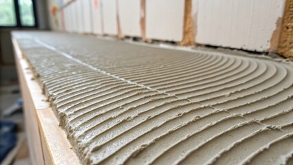 The walls adhesive layer is showcased in a macro perspective capturing the slight ridges and valleys formed as tools were used to spread it evenly reflecting the craftsmanship