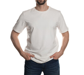 Fototapeta premium Man in blank t-shirt on white background, closeup. Mockup for design