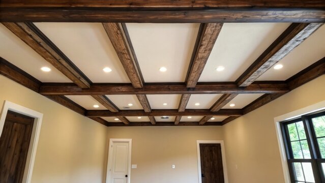 The walls of the room display exposed studs painted in a faded beige framing the dark wooden beams of the ceiling that are ready to support a sleek finished surface.
