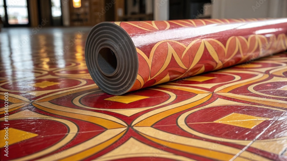 Aufkleber The tip of the vinyl flooring roll reveals a bold color transition with the glossy surface reflecting light and emphasizing the intricate design of overlapping curves.