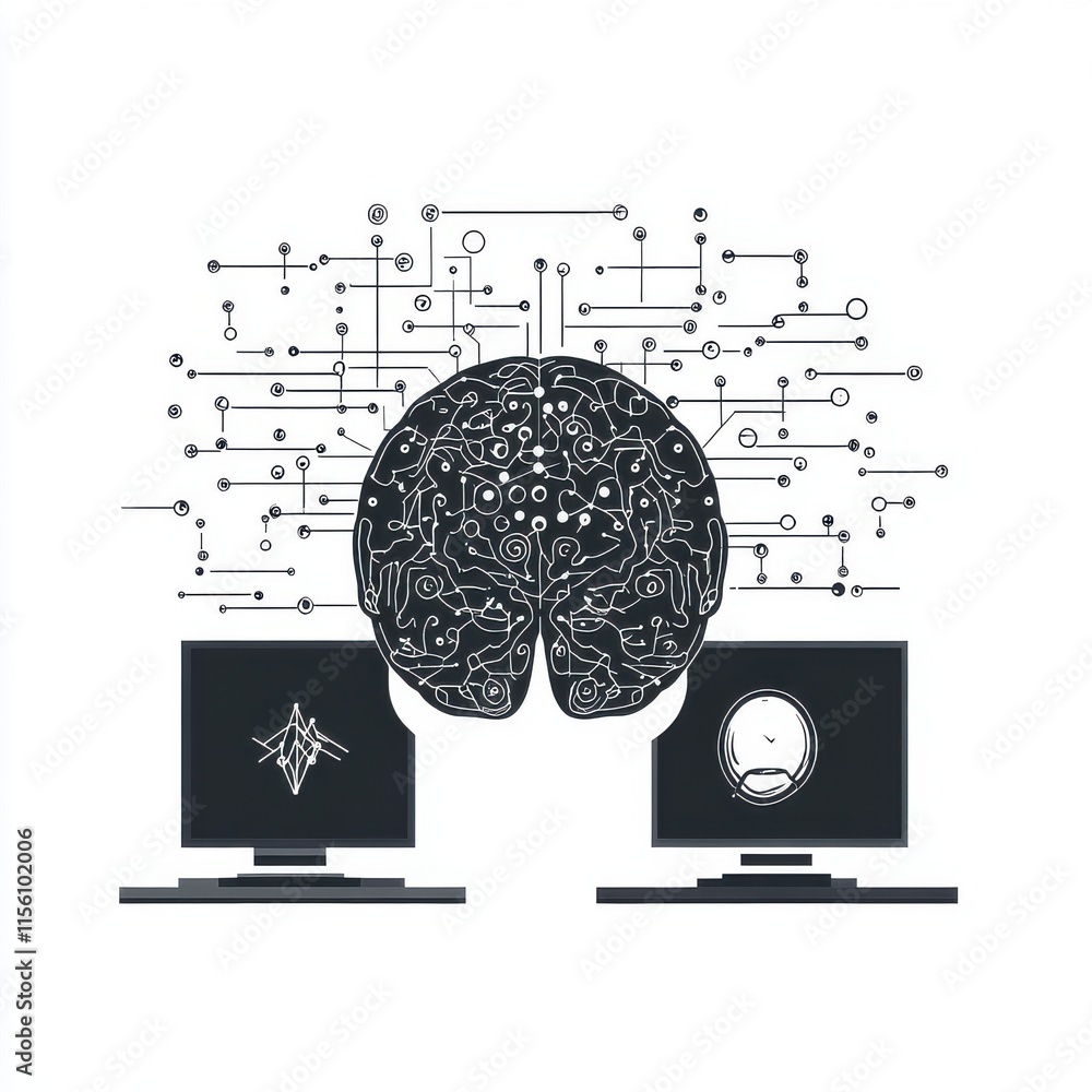 Poster an illustration of a digital brain connected to two computers, symbolizing ai and technology integra