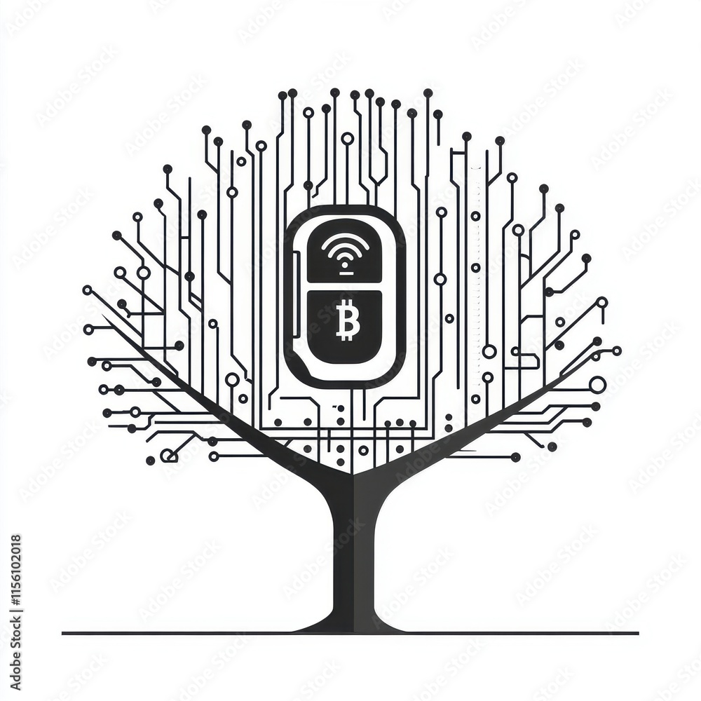 Aufkleber a digital tree designed with circuit patterns and symbols, representing the growth of technology and