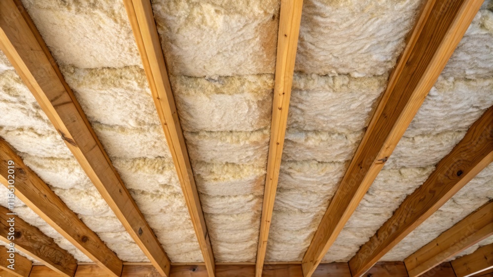 Aufkleber The texture of the exposed insulation is highlighted against the smooth surface of the wooden beams showcasing the contrast between rough and soft materials.