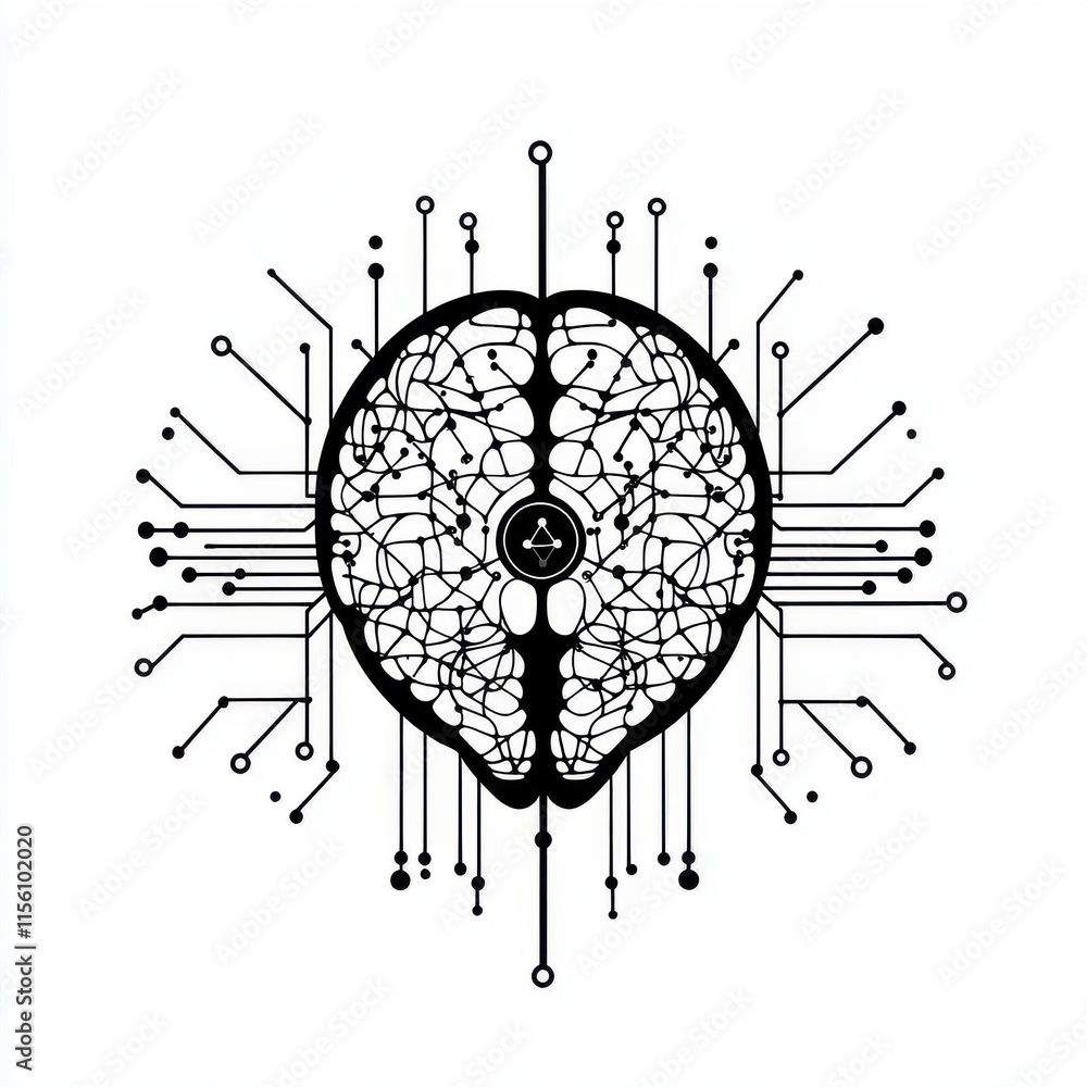 Poster a striking black and white illustration of a brain intertwined with circuit patterns, symbolizing in