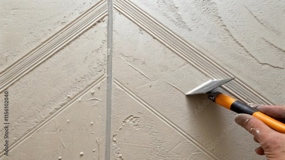 Poster The textured surface of an unfinished drywall seam where joint compound is being applied revealing a slight sheen and the pattern of tools used for smoothing.
