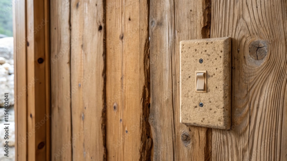 Poster the textured surface of a rustic wooden wall is depicted alongside a handcrafted earthy light switch