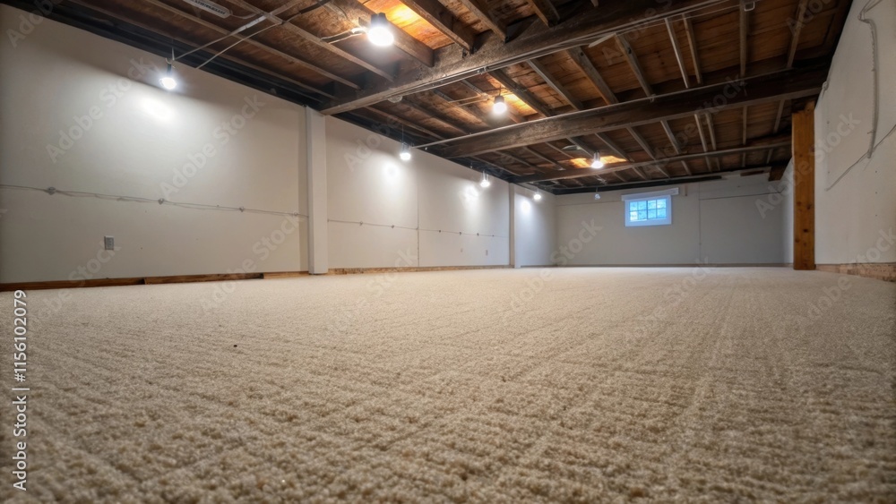 Poster The surface of the carpet padding shines softly under the artificial light while the surrounding empty room has stark drywall and exposed floorboards.