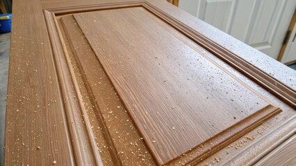 Obraz premium The surface of the door is dotted with tiny flecks of wood dust emphasizing the freshly sanded texture and the preparation for the vibrant paint to come.