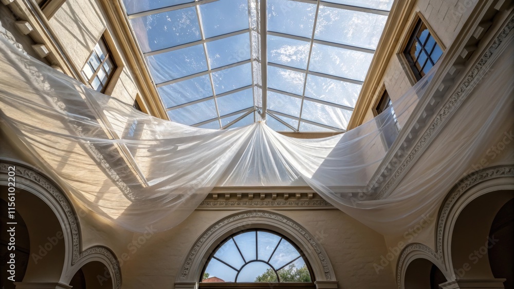 Poster The soft curves of the skylight mirror the surrounding architectural elements while the protective plastic sheeting drapes elegantly catching glints of sunlight in a serene