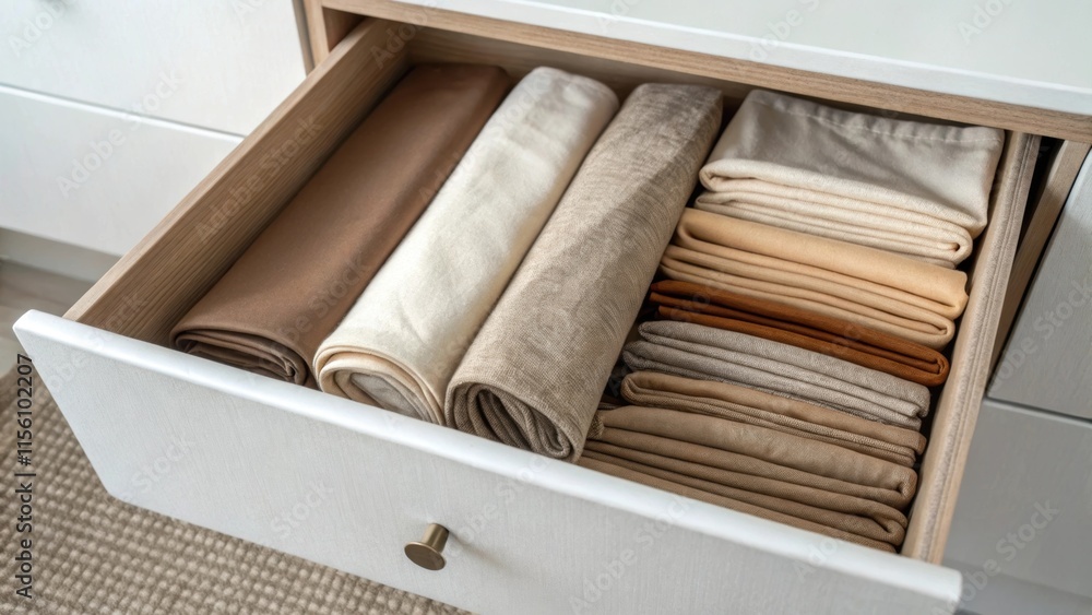 Poster The soft texture of a fabric drawer liner is visible in this open drawer complemented by a collection of neatly folded napkins in earthy tones.