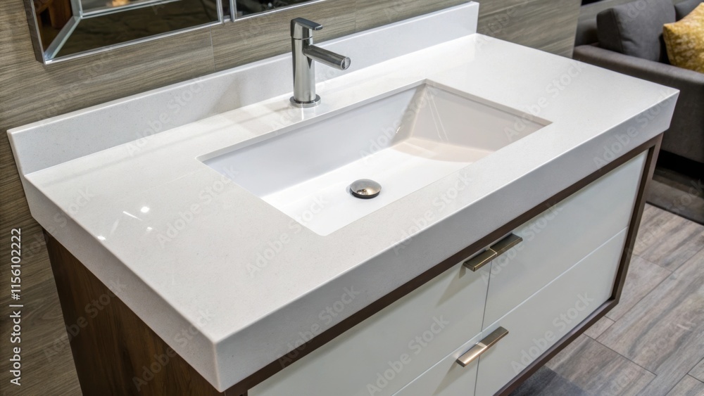 Aufkleber The smooth geometrical shape of a sink vanity is emphasized where the square corners and edges create a modern feel suited to contemporary living spaces.
