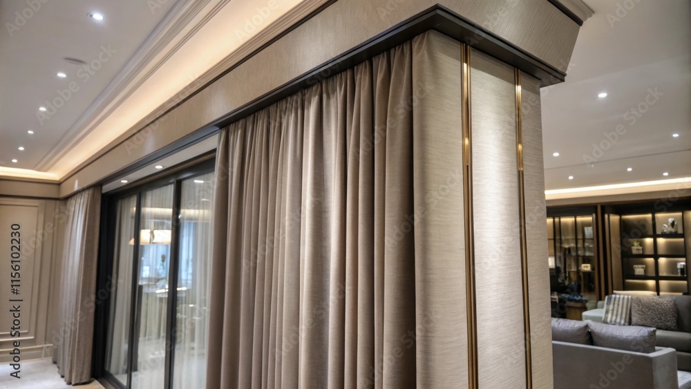 Poster  the smooth trim against the soft fabric of the curtains creating a sophisticated blend of materials in this renovated space.