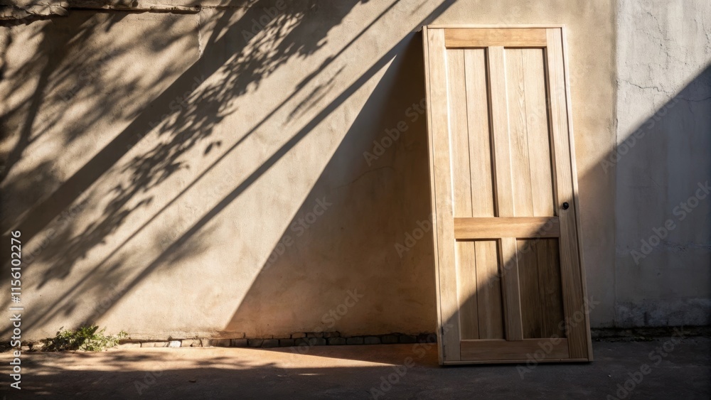 Aufkleber The rugged texture of raw wood contrasts with the smooth partially painted surface of a door leaning at an angle. Shadows play against the wall creating a dramatic interplay of