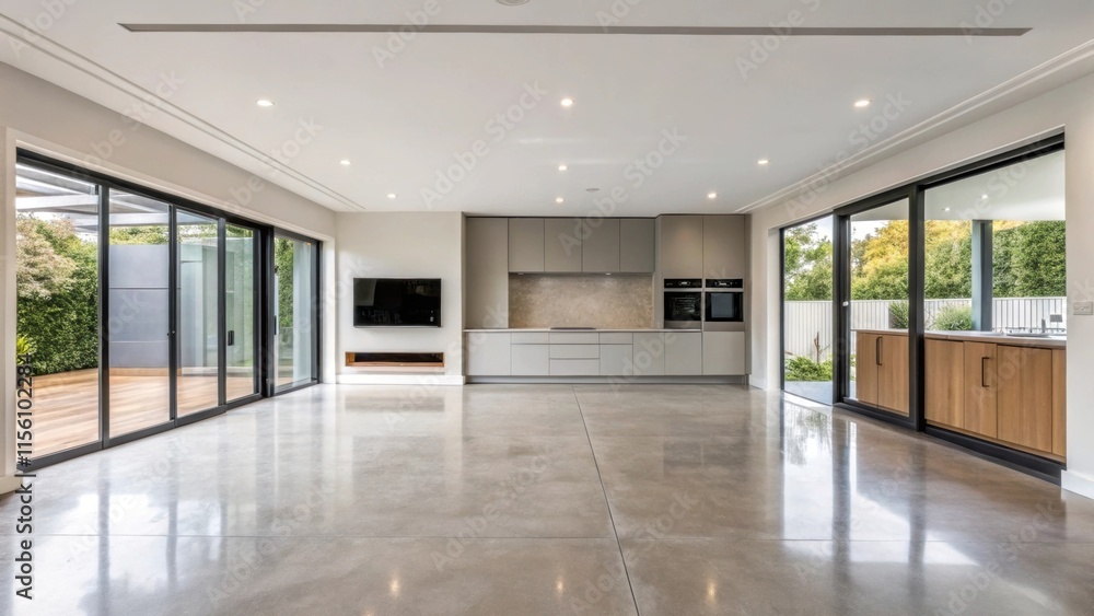 Poster The seamless transition from the polished concrete floor to the sleek cabinetry illustrates the modern openplan layout creating an inviting and spacious atmosphere.