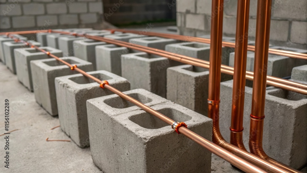 Aufkleber The rough texture of cement blocks surrounding a of gleaming copper pipes with wires weaving through small openings highlighting an unfinished yet artistic look.