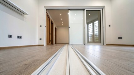 The sliding door track is positioned perfectly above the untouched drywall creating an inviting prelude to potential door options that will enhance the renovated space.